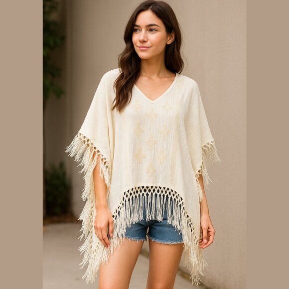 Knox Rose Boho Fringe Poncho Tunic Top – Ivory – Size S/M - Picture 1 of 12